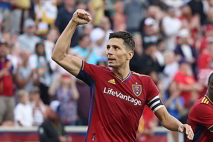 Jun 7, 2023; Sandy, UT, USA; Real Salt Lake midfielder Damir Kreilach (8) reacts to scoring a goal against the Los Angeles Galaxy in the first half at America First Field. Mandatory Credit: Rob Gray-USA TODAY Sports