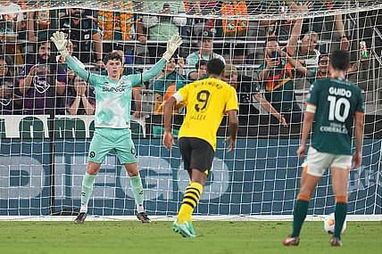 Jul 27, 2023; San Diego, California, USA; San Diego Loyal goalkeeper Duran Ferree (60) readies himself for the penalty kick by Borussia Dortmund forward Sebastien Haller (9) during the second half at Snapdragon Stadium. Mandatory Credit: Ray Acevedo-USA TODAY Sports