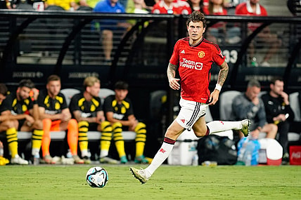 Jul 30, 2023; Las Vegas, Nevada, USA;  Manchester United defender Victor Lindelof (2) moves the ball during the second half against Borussia Dortmund at Allegiant Stadium. Mandatory Credit: Lucas Peltier-USA TODAY Sports