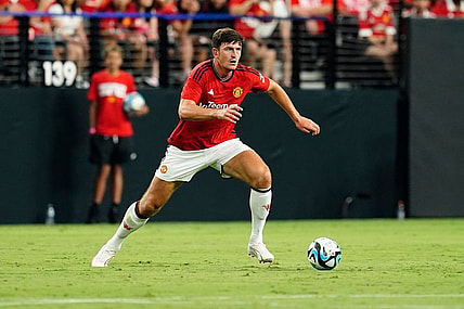 Jul 30, 2023; Las Vegas, Nevada, USA;  Manchester United defender Harry Maguire (5) moves the ball during the first half against Borussia Dortmund at Allegiant Stadium. Mandatory Credit: Lucas Peltier-USA TODAY Sports