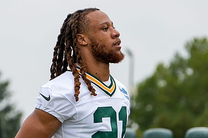 Green Bay Packers cornerback Eric Stokes (21) walks across the field during a joint practice between the Green Bay Packers and the Cincinnati Bengals, Wednesday, Aug. 9, 2023, at the practice fields next to Paycor Stadium in Cincinnati.