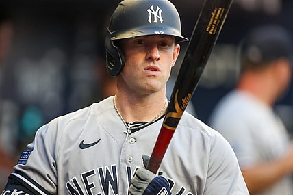Aug 16, 2023; Atlanta, Georgia, USA; New York Yankees left fielder Billy McKinney (57) prepares for an at bat against the Atlanta Braves in the first inning at Truist Park. Mandatory Credit: Brett Davis-USA TODAY Sports
