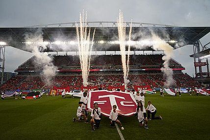Aug 20, 2023; Toronto, Ontario, CAN; The Toronto FC logo is displayed on the pitch before their match against the CF Montreal during the first half at BMO Field. Mandatory Credit: John E. Sokolowski-USA TODAY Sports