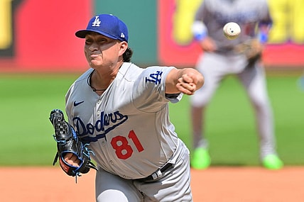 Aug 24, 2023; Cleveland, OH, USA; Los Angeles Dodgers relief pitcher Victor Gonzalez (81) throws a pitch during the third inning against the Cleveland Guardians at Progressive Field. Mandatory Credit: Ken Blaze-USA TODAY Sports