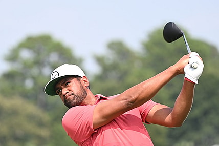 Aug 24, 2023; Atlanta, Georgia, USA; Tony Finau tees off on the 16th hole during the first round of the TOUR Championship golf tournament at East Lake Golf Club. Mandatory Credit: Adam Hagy-USA TODAY Sports