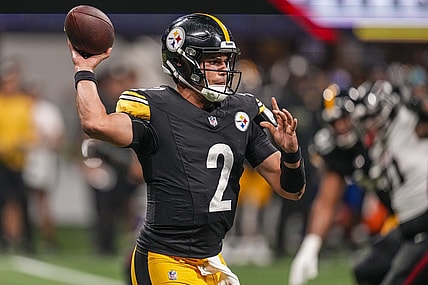 Aug 24, 2023; Atlanta, Georgia, USA; Pittsburgh Steelers quarterback Mason Rudolph (2) passes the ball against the Atlanta Falcons during the second half at Mercedes-Benz Stadium. Mandatory Credit: Dale Zanine-USA TODAY Sports