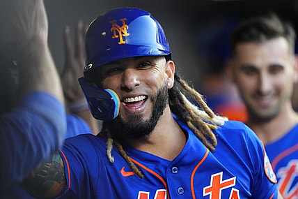 Sep 14, 2023; New York City, New York, USA; New York Mets third baseman Jonathan Arauz (19) is congratulated by teammate for hitting a three run home run against the Arizona Diamondbacks during the eighth inning at Citi Field. Mandatory Credit: Gregory Fisher-USA TODAY Sports