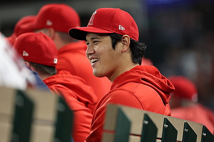 Sep 16, 2023; Anaheim, California, USA;  Los Angeles Angels two-way player Shohei Ohtani (17) in the dugout  during the seventh inning against the Detroit Tigers at Angel Stadium. Mandatory Credit: Kiyoshi Mio-USA TODAY Sports