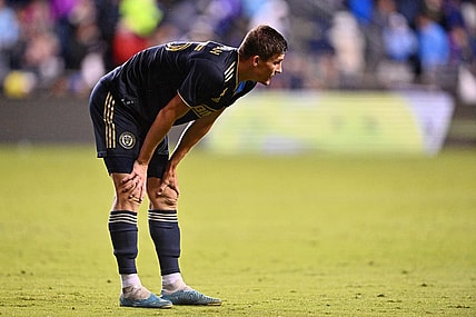 Sep 23, 2023; Philadelphia, Pennsylvania, USA; Philadelphia Union forward Chris Donovan (25) rests on his knees after a play against Los Angeles FC during the second half at Subaru Park. Mandatory Credit: Kyle Ross-USA TODAY Sports