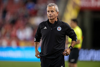 Sep 30, 2023; Harrison, New Jersey, USA; Chicago Fire head coach Frank Klopas looks on during the match against New York Red Bulls at Red Bull Arena. Mandatory Credit: Mark Smith-USA TODAY Sports