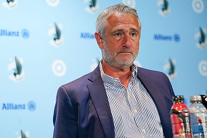 Oct 7, 2023; Saint Paul, Minnesota, USA; Minnesota United interim head coach Sean McAuley hosts the post-match press conference after defeating the Los Angeles Galaxy at Allianz Field. Mandatory Credit: Matt Blewett-USA TODAY Sports