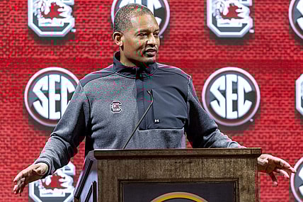 Oct 18, 2023; Brimingham, AL, USA; South Carolina Gamecocks head coach Lamont Paris talks with the media during the SEC Basketball Tipoff at Grand Bohemian Hotel Mountain Brook. Mandatory Credit: Vasha Hunt-USA TODAY Sports