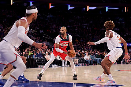 Oct 18, 2023; New York, New York, USA; Washington Wizards forward Taj Gibson (67) controls the ball against the New York Knicks during the fourth quarter at Madison Square Garden. Mandatory Credit: Brad Penner-USA TODAY Sports