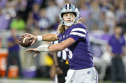Oct 21, 2023; Manhattan, Kansas, USA; Kansas State Wildcats quarterback Avery Johnson (5) drops back to pass during the first quarter against the TCU Horned Frogs at Bill Snyder Family Football Stadium. Mandatory Credit: Scott Sewell-USA TODAY Sports