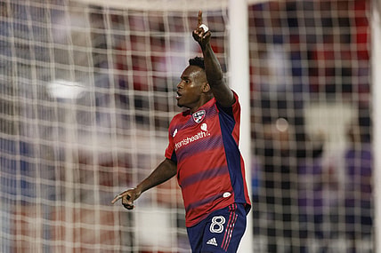 Nov 4, 2023; Frisco, Texas, USA; FC Dallas forward Jader Obrian (8) celebrates after scoring a goal during the second half of game two against Seattle Sounders in a round one match of the 2023 MLS Cup Playoffs at Toyota Stadium. Mandatory Credit: Andrew Dieb-USA TODAY Sports