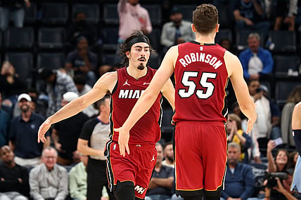 Nov 8, 2023; Memphis, Tennessee, USA; Miami Heat guard Jaime Jaquez Jr. (11) reacts with forward Duncan Robinson (55) after a three point basket during the second half against the Memphis Grizzlies at FedExForum. Mandatory Credit: Petre Thomas-USA TODAY Sports