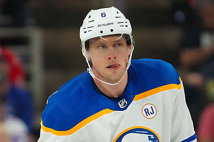 Nov 7, 2023; Raleigh, North Carolina, USA;  Buffalo Sabres defenseman Erik Johnson (6) looks on against the Carolina Hurricanes during the third period at PNC Arena. Mandatory Credit: James Guillory-USA TODAY Sports