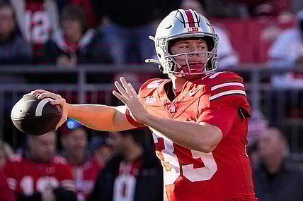 Nov 18, 2023; Columbus, Ohio, USA; Ohio State Buckeyes quarterback Devin Brown (33) throws during warm-ups prior to the NCAA football game against the Minnesota Golden Gophers at Ohio Stadium.
