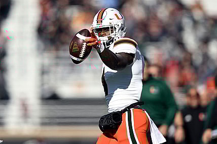 Nov 24, 2023; Chestnut Hill, Massachusetts, USA; Miami Hurricanes wide receiver Colbie Young (4) reacts after making a reception against the Boston College Eagles during the first half at Alumni Stadium. Mandatory Credit: Brian Fluharty-USA TODAY Sports