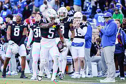 Nov 25, 2023; Durham, North Carolina, USA; Duke Blue Devils wide receiver Jalon Calhoun (5) celebrates a play  during the second half of the game against Pittsburgh Panthers at Wallace Wade Stadium.  Mandatory Credit: Jaylynn Nash-USA TODAY Sports
