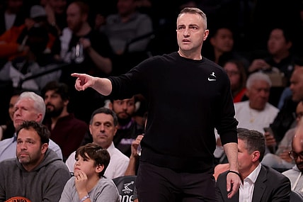 Nov 28, 2023; Brooklyn, New York, USA; Toronto Raptors head coach Darko Rajakovic coaches against the Brooklyn Nets during the second quarter at Barclays Center. Mandatory Credit: Brad Penner-USA TODAY Sports