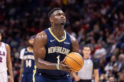 Nov 29, 2023; New Orleans, Louisiana, USA; New Orleans Pelicans forward Zion Williamson (1) shoots a technical free throw against the Philadelphia 76ers during the second half at the Smoothie King Center. Mandatory Credit: Stephen Lew-USA TODAY Sports
