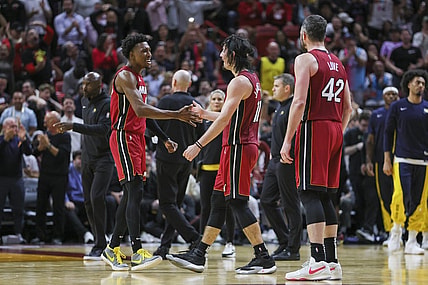 Nov 30, 2023; Miami, Florida, USA; Miami Heat guard Josh Richardson (0) celebrates with guard Jaime Jaquez Jr. (11) against the Indiana Pacers during the fourth quarter at Kaseya Center. Mandatory Credit: Sam Navarro-USA TODAY Sports