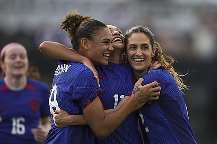 Dec 2, 2023; Fort Lauderdale, Florida, USA; United States forward Sophia Smith (11) celebrates with forward Trinity Rodman (8) and midfielder Savannah DeMelo (22) after scoring against China during the first half at DRV PNK Stadium. Mandatory Credit: Sam Navarro-USA TODAY Sports