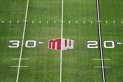 Dec 2, 2023; Las Vegas, NV, USA; The Mountain West conference logo on the field at Allegiant Stadium. Mandatory Credit: Kirby Lee-USA TODAY Sports