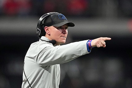 Boise State Broncos head coach Spencer Danielson gestures in the second half against the UNLV Rebels during the Mountain West Championship at Allegiant Stadium. Mandatory Credit: Kirby Lee-USA TODAY Sports