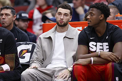 Dec 2, 2023; Chicago, Illinois, USA; Injured Chicago Bulls guard Zach LaVine (8) sits on the bench during the second half at United Center. Mandatory Credit: Kamil Krzaczynski-USA TODAY Sports