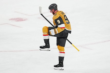 Dec 4, 2023; Las Vegas, Nevada, USA; Vegas Golden Knights center Jack Eichel (9) celebrates after scoring a goal against the St. Louis Blues during the third period at T-Mobile Arena. Mandatory Credit: Stephen R. Sylvanie-USA TODAY Sports