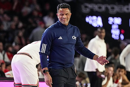 Dec 5, 2023; Athens, Georgia, USA; Georgia Tech Yellow Jackets head coach Damon Stoudamire reacts during the game against the Georgia Bulldogs at Stegeman Coliseum. Mandatory Credit: Dale Zanine-USA TODAY Sports