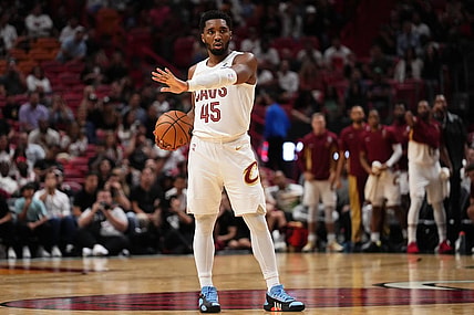 Dec 8, 2023; Miami, Florida, USA; Cleveland Cavaliers guard Donovan Mitchell (45) stands with the ball on the court during the second half against the Miami Heat at Kaseya Center. Mandatory Credit: Jasen Vinlove-USA TODAY Sports