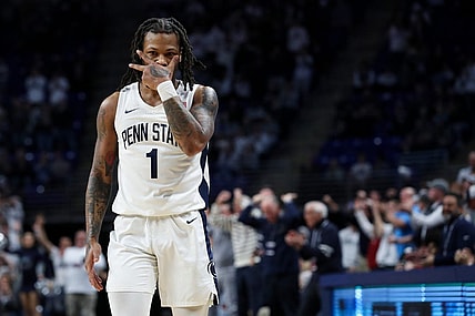 Dec 9, 2023; University Park, Pennsylvania, USA; Penn State Nittany Lions guard Ace Baldwin Jr (1) gestures after shooting a three-point basket during the second half against the Ohio State Buckeyes at Bryce Jordan Center. Penn State defeated Ohio State 83-80. Mandatory Credit: Matthew O'Haren-USA TODAY Sports