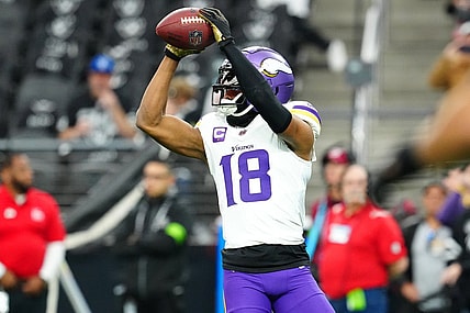 Dec 10, 2023; Paradise, Nevada, USA; Minnesota Vikings wide receiver Justin Jefferson (18) warms up before a game against the Las Vegas Raiders at Allegiant Stadium. Mandatory Credit: Stephen R. Sylvanie-USA TODAY Sports