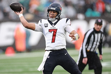 Dec 10, 2023; East Rutherford, New Jersey, USA; Houston Texans quarterback C.J. Stroud (7) throws a pass during the second half against the New York Jets at MetLife Stadium. Mandatory Credit: Vincent Carchietta-USA TODAY Sports