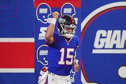 Dec 11, 2023; East Rutherford, New Jersey, USA; New York Giants quarterback Tommy DeVito (15) reacts before the game against the Green Bay Packers at MetLife Stadium. Mandatory Credit: Robert Deutsch-USA TODAY Sports