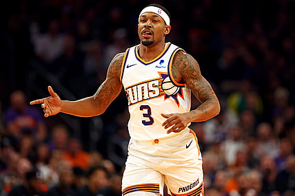 Dec 13, 2023; Phoenix, Arizona, USA; Phoenix Suns guard Bradley Beal (3) reacts after a play during the first quarter of the game against the Brooklyn Nets at Footprint Center. Mandatory Credit: Mark J. Rebilas-USA TODAY Sports