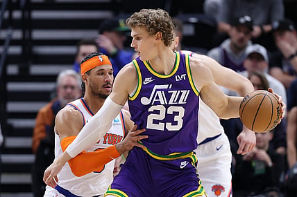 Dec 13, 2023; Salt Lake City, Utah, USA; Utah Jazz forward Lauri Markkanen (23) posts up against New York Knicks guard Josh Hart (3) during the second quarter at Delta Center. Mandatory Credit: Rob Gray-USA TODAY Sports