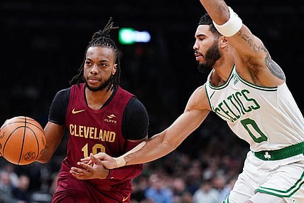 Dec 14, 2023; Boston, Massachusetts, USA; Cleveland Cavaliers guard Darius Garland (10) drives the ball against Boston Celtics forward Jayson Tatum (0) in the first quarter at TD Garden. Mandatory Credit: David Butler II-USA TODAY Sports