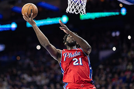 Dec 15, 2023; Philadelphia, Pennsylvania, USA; Philadelphia 76ers center Joel Embiid (21) drives for a shot against the Detroit Pistons during the first quarter at Wells Fargo Center. Mandatory Credit: Bill Streicher-USA TODAY Sports