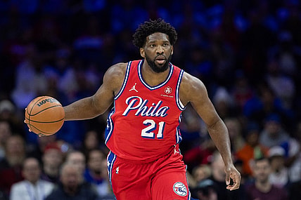 Dec 15, 2023; Philadelphia, Pennsylvania, USA; Philadelphia 76ers center Joel Embiid (21) dribbles up court against the Detroit Pistons during the first quarter at Wells Fargo Center. Mandatory Credit: Bill Streicher-USA TODAY Sports