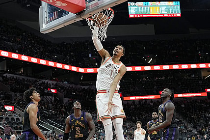 Dec 15, 2023; San Antonio, Texas, USA; San Antonio Spurs forward Victor Wembanyama (1) dunks during the first half against the Los Angeles Lakers at Frost Bank Center. Mandatory Credit: Scott Wachter-USA TODAY Sports