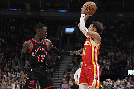Dec 15, 2023; Toronto, Ontario, CAN; Toronto Raptors guard Dennis Schroder (17) defends against Atlanta Hawks guard Trae Young (11) during the first half at Scotiabank Arena. Mandatory Credit: John E. Sokolowski-USA TODAY Sports