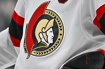 Dec 15, 2023; Dallas, Texas, USA; A view of the Ottawa Senators logo on the jersey of left wing Brady Tkachuk (7) during the game between the Dallas Stars and the Ottawa Senators at the American Airlines Center. Mandatory Credit: Jerome Miron-USA TODAY Sports