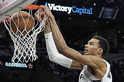 Dec 17, 2023; San Antonio, Texas, USA; San Antonio Spurs forward Victor Wembanyama (1) dunks during the second half against the New Orleans Pelicans at Frost Bank Center. Mandatory Credit: Scott Wachter-USA TODAY Sports