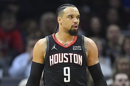 Dec 18, 2023; Cleveland, Ohio, USA; Houston Rockets forward Dillon Brooks (9) stands on the court in the second quarter against the Cleveland Cavaliers at Rocket Mortgage FieldHouse. Mandatory Credit: David Richard-USA TODAY Sports