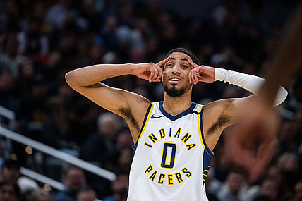 Dec 18, 2023; Indianapolis, Indiana, USA;  Indiana Pacers guard Tyrese Haliburton (0) in the first half against the LA Clippers at Gainbridge Fieldhouse. Mandatory Credit: Trevor Ruszkowski-USA TODAY Sports