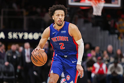Dec 18, 2023; Atlanta, Georgia, USA; Detroit Pistons guard Cade Cunningham (2) dribbles against the Atlanta Hawks in the second half at State Farm Arena. Mandatory Credit: Brett Davis-USA TODAY Sports